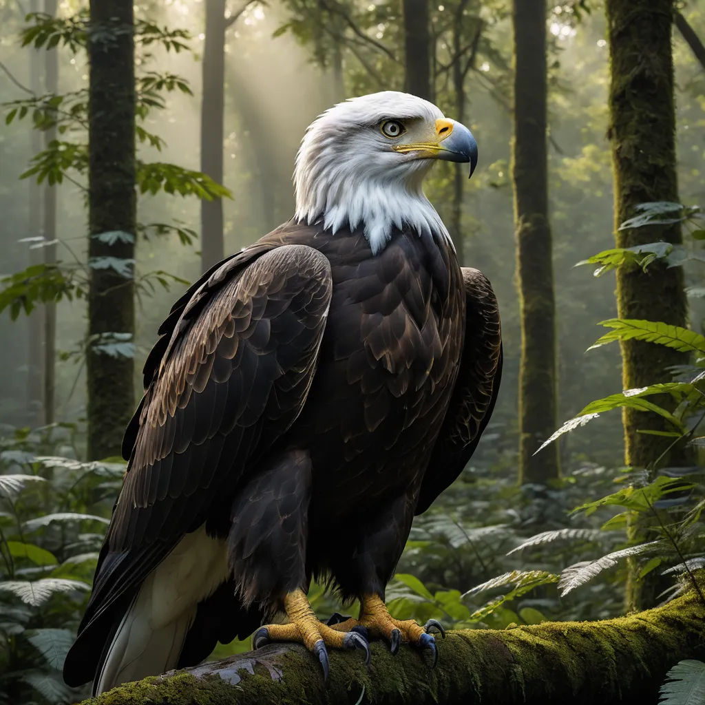 a bald eagle perched on a branch in a forest with ferns and trees in the background, with sunlight streaming through the trees, symbolism, a 3D render, Americo Makk, photoreal