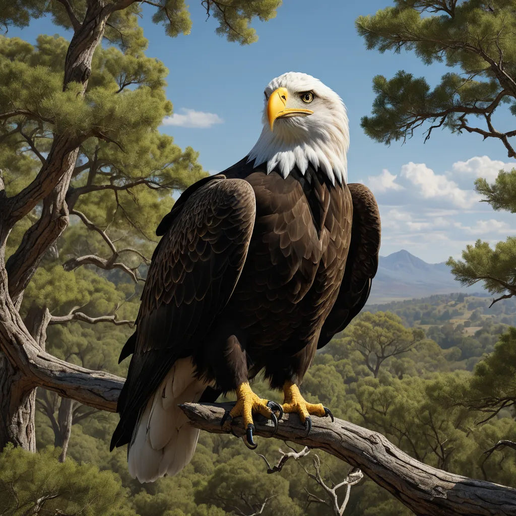 a painting of an eagle perched on a tree branch with a mountain in the background and clouds in the sky, american scene painting, a detailed matte painting, Chris LaBrooy, highly detailed digital painting