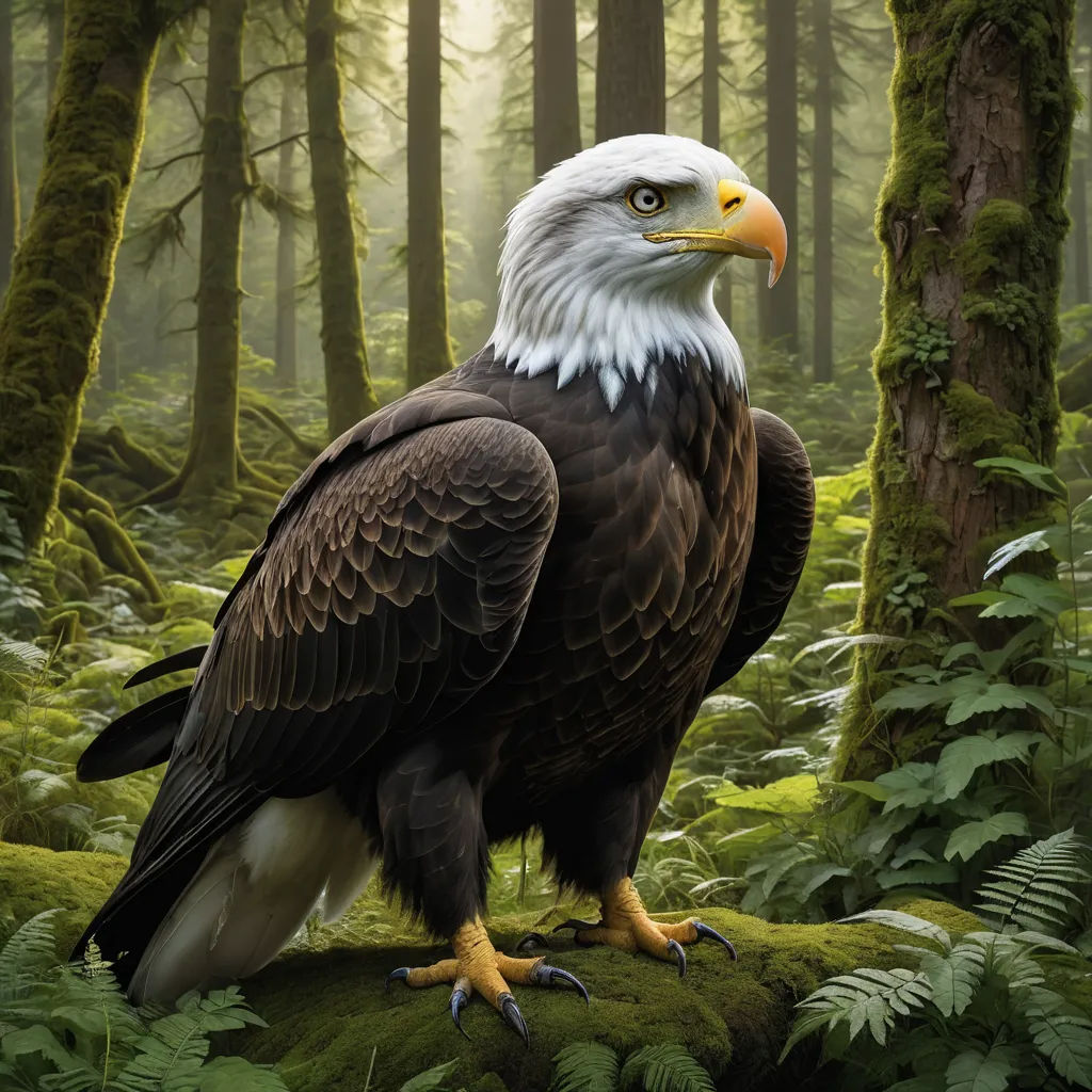 a bald eagle standing on a mossy log in a forest with ferns and trees in the background, with a bright light shining on the head, american scene painting, a detailed matte painting, Chris LaBrooy, highly detailed digital painting