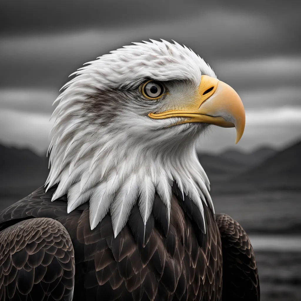 a bald eagle with a black and white background and a cloudy sky in the background with mountains in the distance, symbolism, a digital painting, Bernd Fasching, highly detailed digital painting