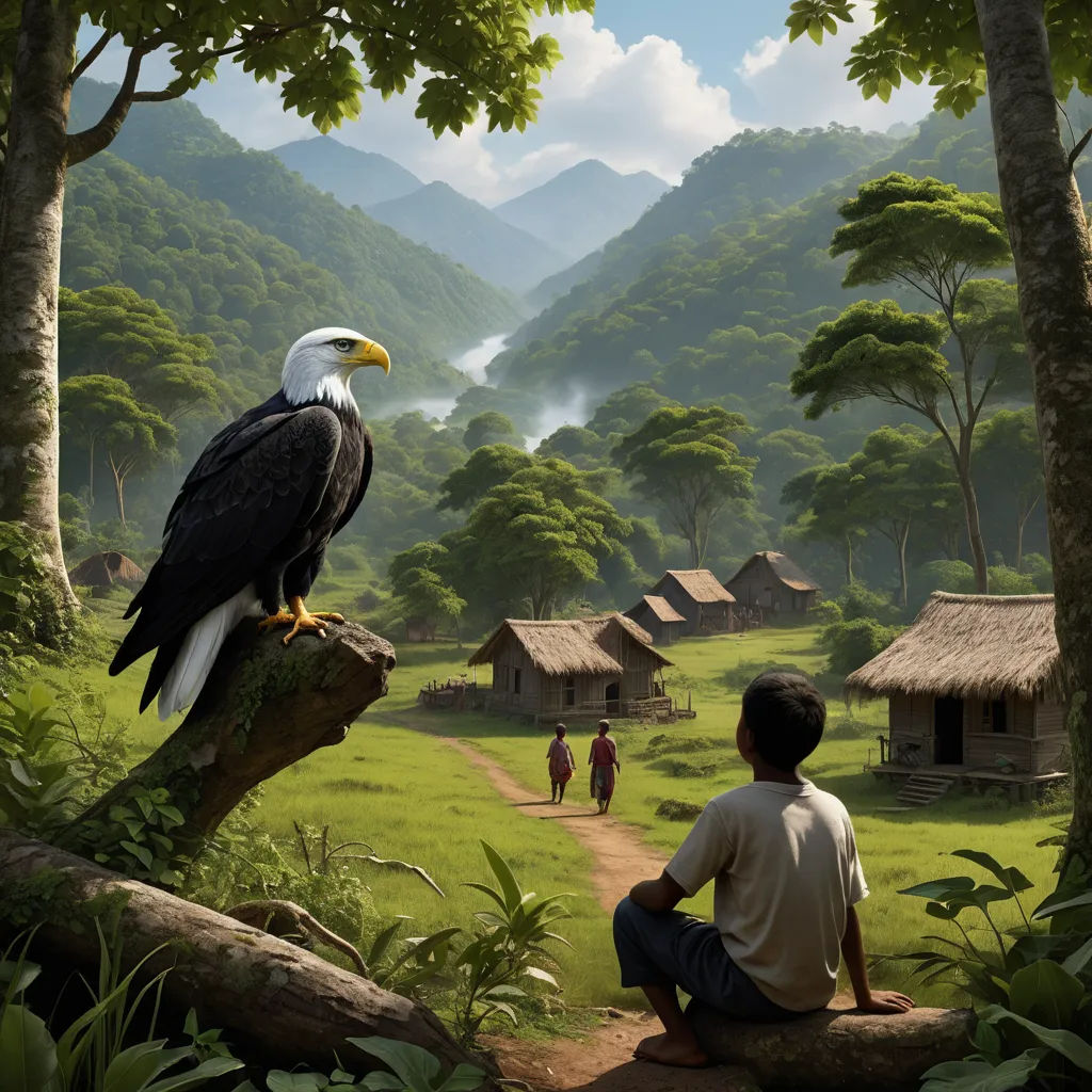 a painting of a man sitting on a log with a bird on his shoulder and a man standing next to him, american scene painting, a detailed matte painting, Americo Makk, cinematic matte painting