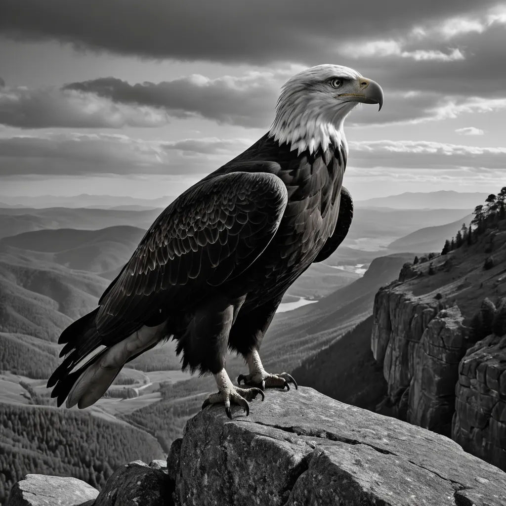 a bald eagle perched on a rock in the mountains with a view of the valley below it and a cloudy sky, american romanticism, a black and white photo, Ansel Adams, wildlife photography