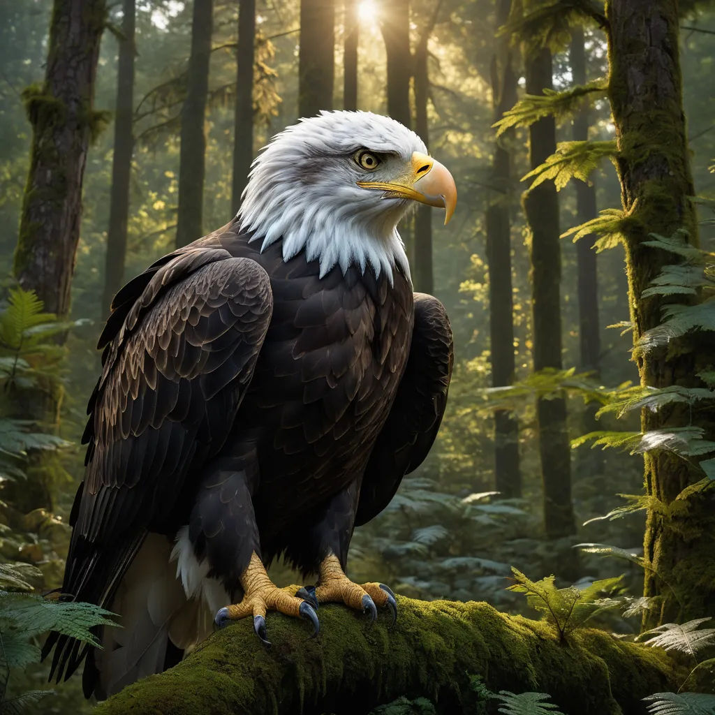 a bald eagle perched on a mossy branch in a forest with sunlight shining through the trees behind it, symbolism, a detailed matte painting, Chris LaBrooy, photoreal