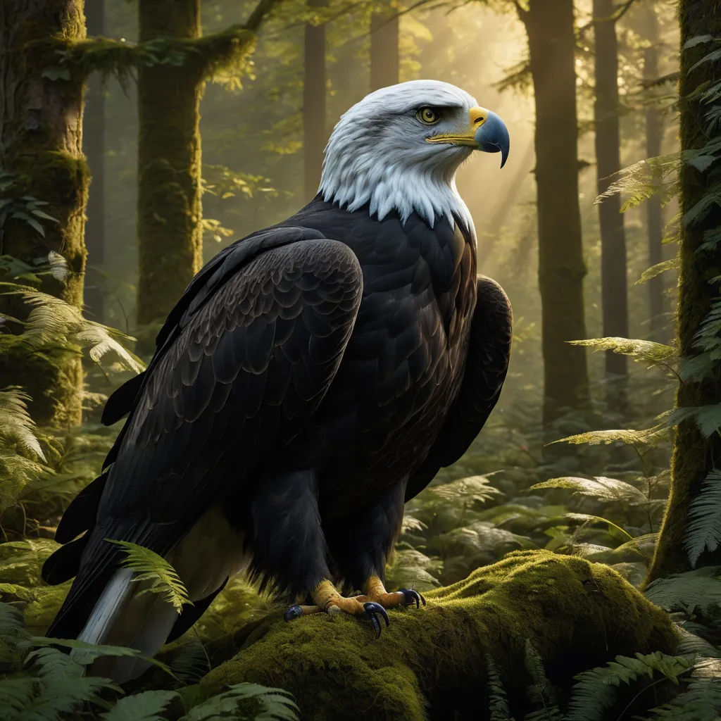 a bald eagle sitting on a mossy branch in a forest with sunlight streaming through the trees and leaves, fantasy art, a detailed matte painting, David Martin, highly detailed digital painting
