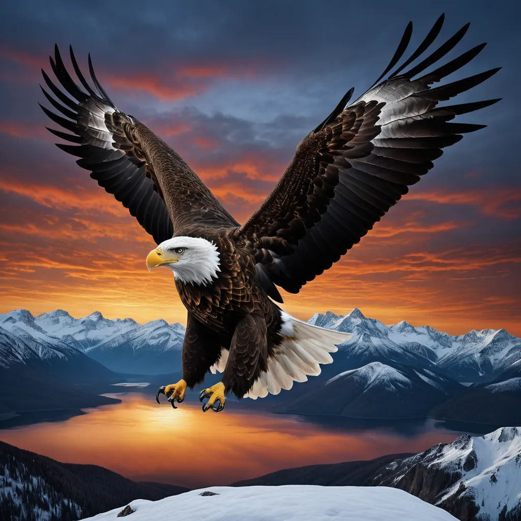 a bald eagle flying over a mountain range at sunset with a lake below it and mountains in the background, art photography, an airbrush painting, Anne Stokes, majestic