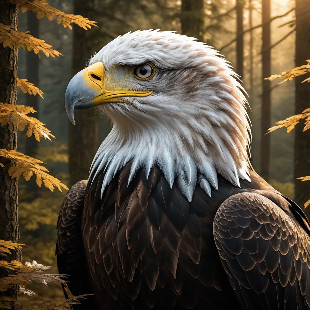 a bald eagle standing in a forest with yellow leaves on the ground and trees in the background with sunlight coming through the leaves, american scene painting, a digital painting, David Martin, highly detailed digital painting
