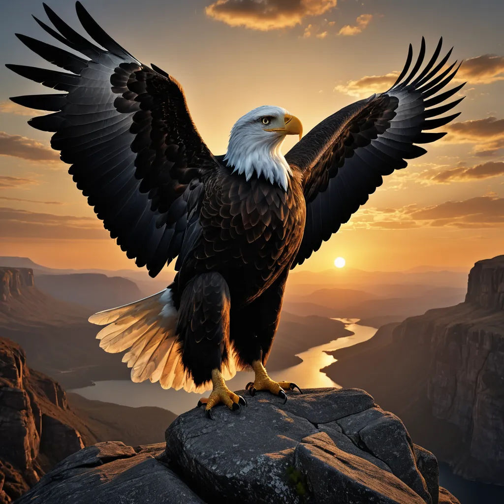 a bald eagle is perched on a rock with the sun setting in the background and a river running through the valley, symbolism, an airbrush painting, Americo Makk, majestic