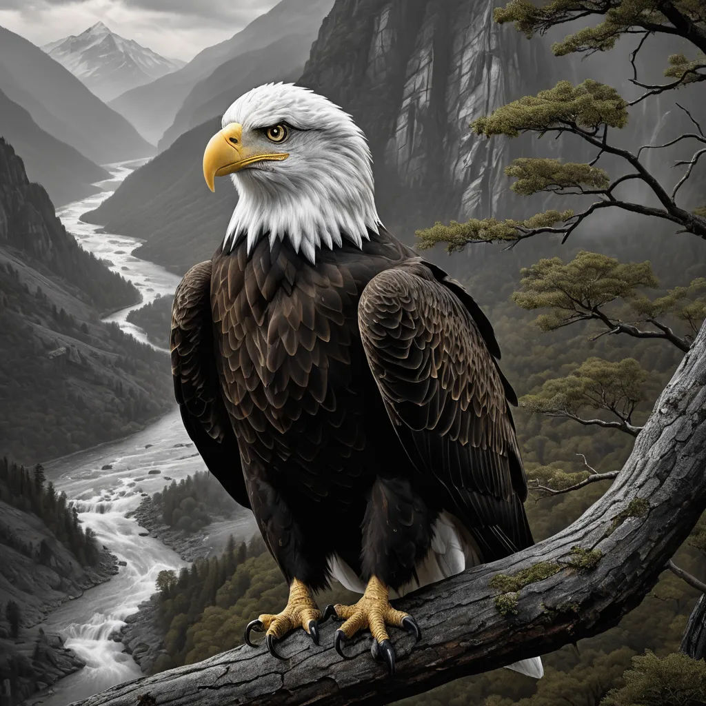 a painting of an eagle perched on a tree branch in a mountainous area with a river and mountains in the background, american scene painting, an airbrush painting, Anne Stokes, highly detailed digital painting