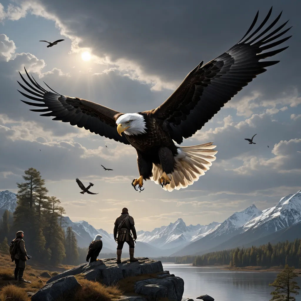 a bald eagle flying over a man standing on a rock with birds flying around him and a lake below, fantasy art, a detailed matte painting, Alson S. Clark, highly detailed digital painting