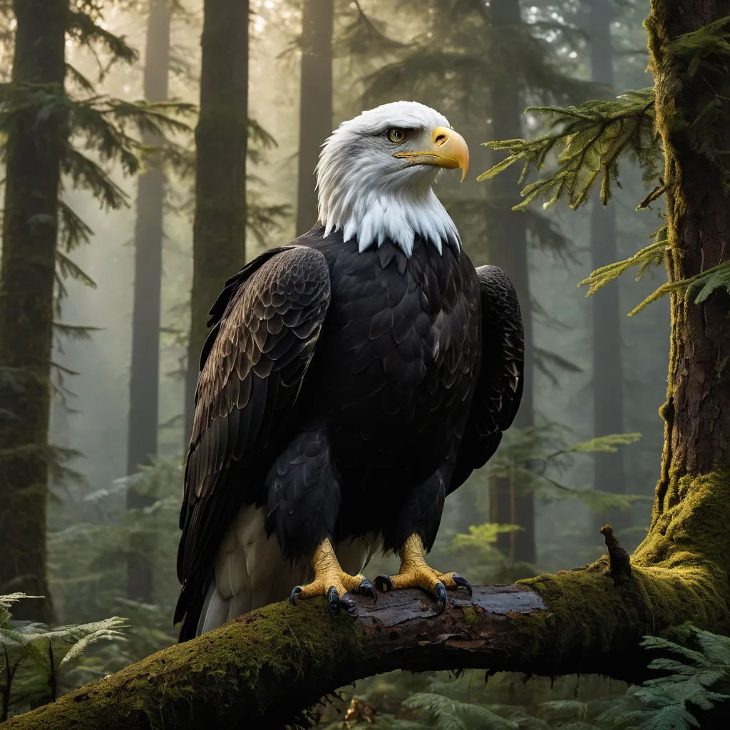 a bald eagle perched on a tree branch in a forest with trees and mossy ground and fog in the background, american romanticism, a detailed matte painting, Darrell Riche, wildlife photography