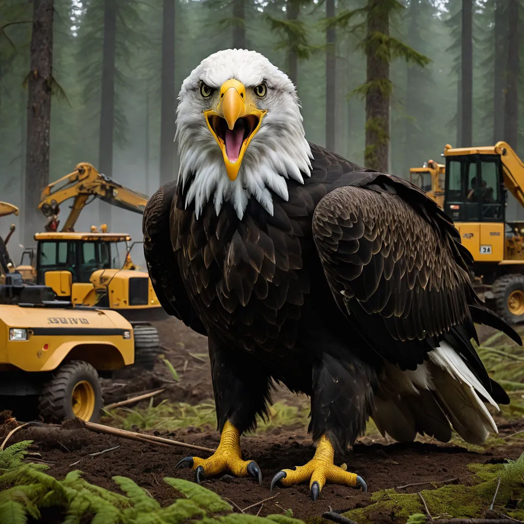 a bald eagle standing in a forest with a bulldozer and tractor behind it and a forest scene behind it, environmental art, a detailed matte painting, Chris LaBrooy, award-winning photograph