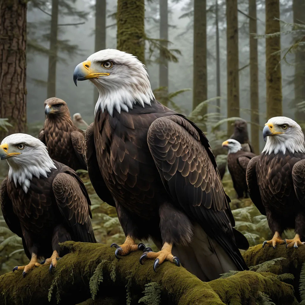 a group of bald eagles sitting on a mossy branch in a forest with trees in the background and fog in the air, naturalism, a detailed matte painting, Chris LaBrooy, wildlife photography