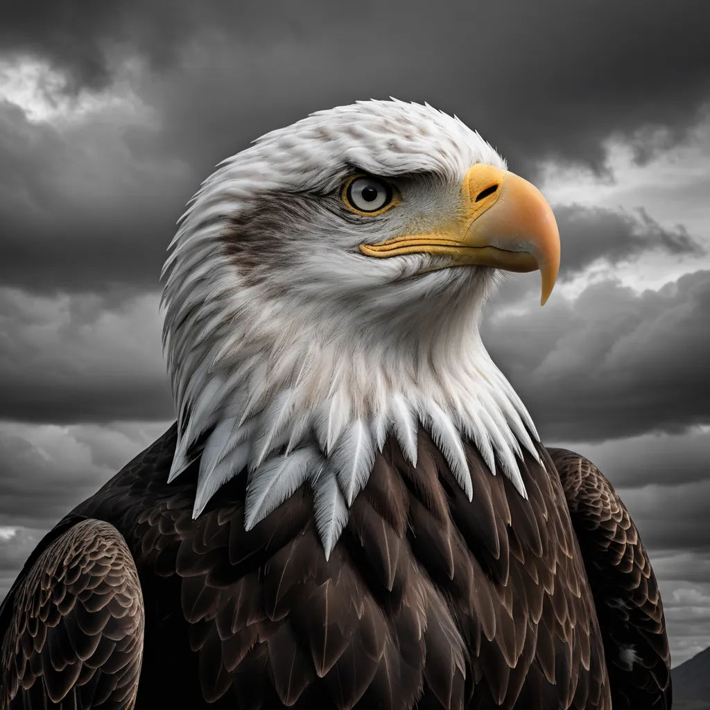 a bald eagle with a cloudy sky in the background and a dark cloud in the background, with a yellow beak, symbolism, a digital rendering, Darrell Riche, highly detailed digital art