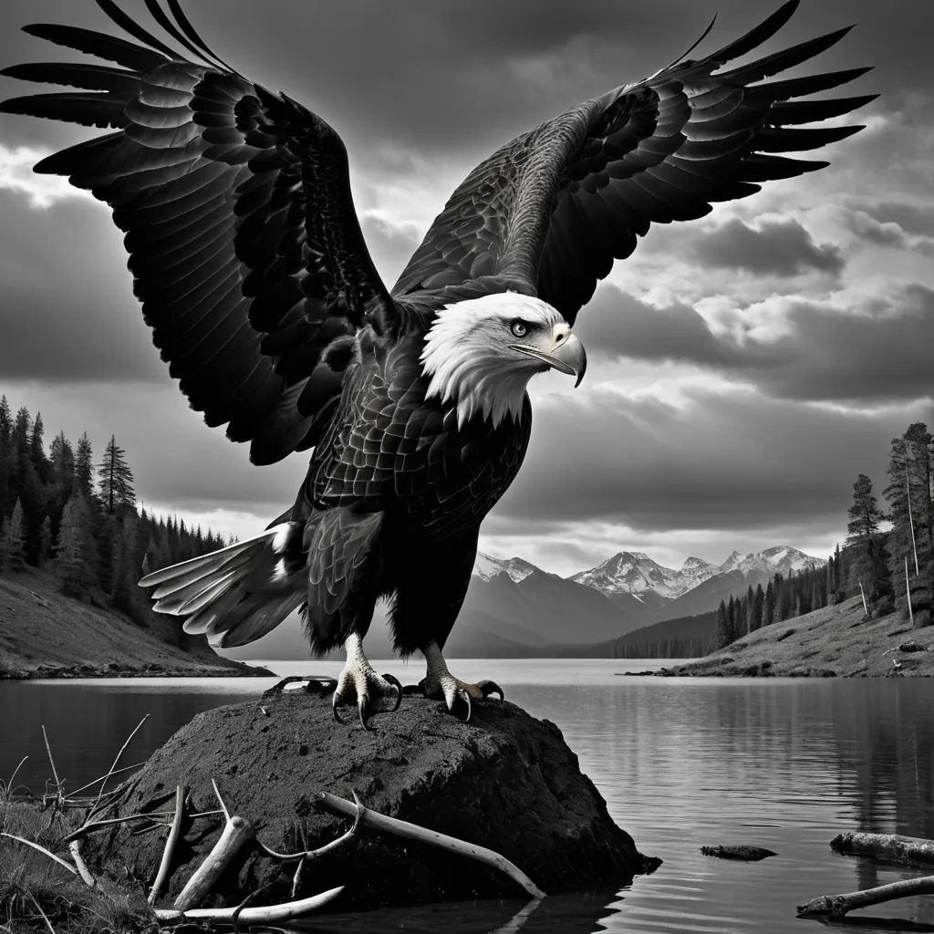 a bald eagle is perched on a rock near a lake and mountains in the background with a cloudy sky, gothic art, a black and white photo, Americo Makk, majestic