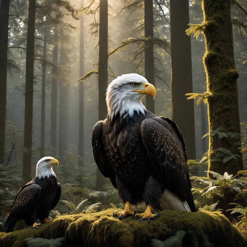 two bald eagles sitting on a mossy log in a forest with trees and ferns in the background, with sunlight streaming through the trees, american scene painting, a detailed matte painting, Chris LaBrooy, wildlife photography