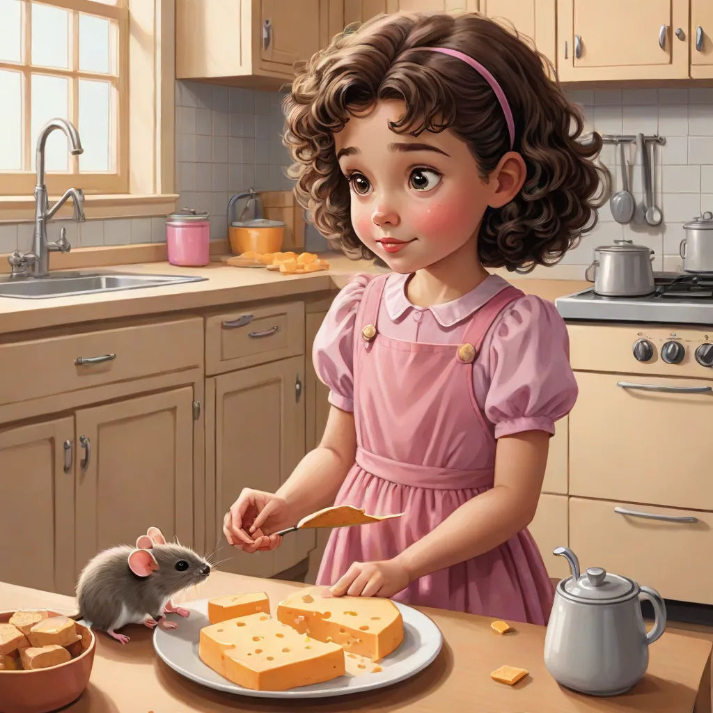 a little girl is cutting cheese on a plate with a mouse nearby on a kitchen countertop with a mouse, a storybook illustration, Bob Byerley, american scene painting, storybook illustration