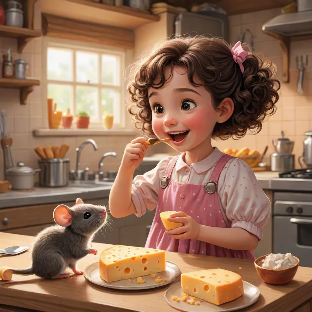 a little girl eating cheese with a mouse on the counter next to her and a mouse on the counter, a storybook illustration, Chris LaBrooy, sots art, cgstudio