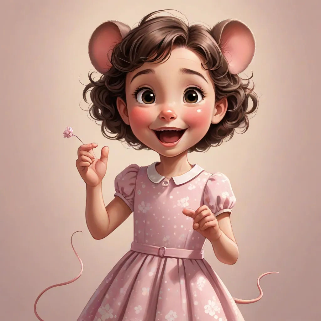 a cartoon girl in a pink dress holding a pink flower and a pink mouse ear on her head, with a pink background, an ultrafine detailed painting, Anthony Palumbo, photorealism, cgstudio