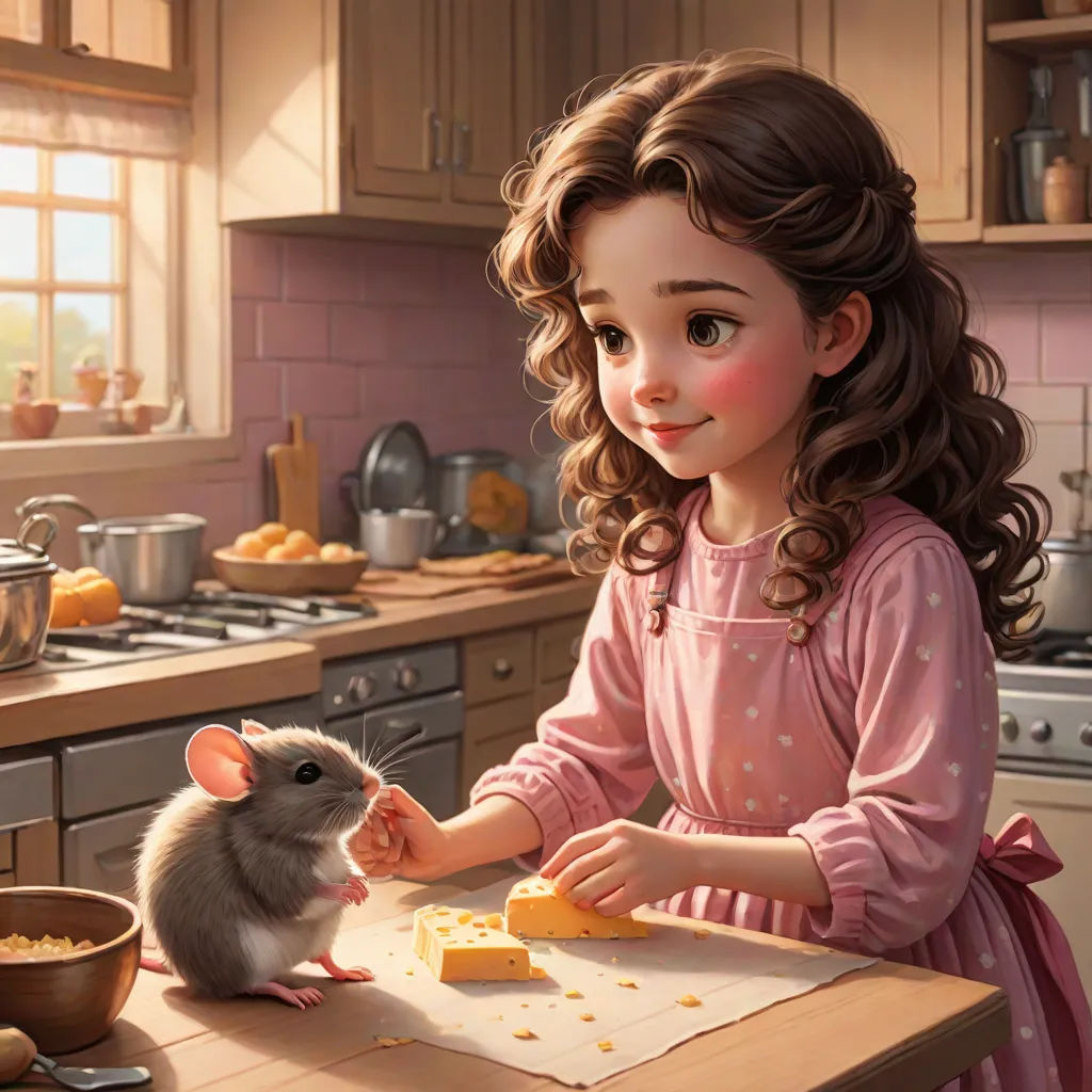 a girl in a pink dress is holding a mouse and a piece of cheese on a cutting board in a kitchen, a storybook illustration, Chris LaBrooy, magic realism, cgstudio