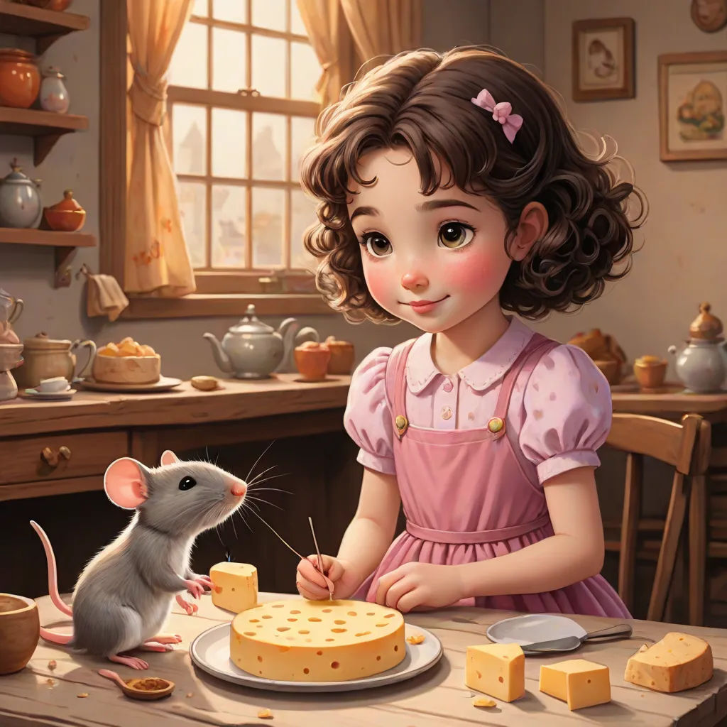 a little girl sitting at a table with a mouse and cheese on it, and a mouse looking at a piece of cheese, a storybook illustration, Bob Byerley, fantasy art, storybook illustration