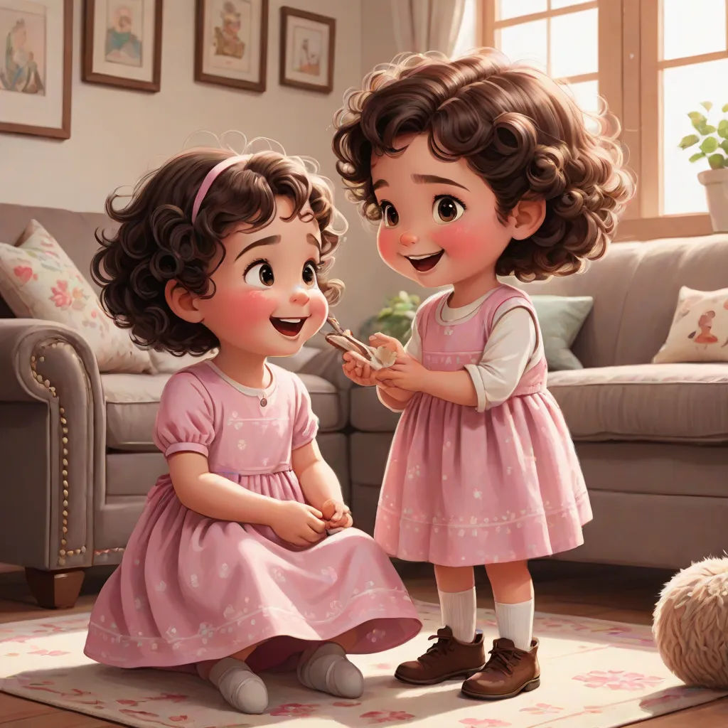 two little girls are brushing their teeth together in a living room with a teddy bear and a couch in the background, a detailed painting, Cynthia Sheppard, photorealism, detailed painting