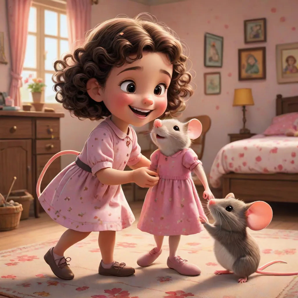 a cartoon girl holding a mouse in a bedroom with a bed and a dresser in the background, and a pink wallpapered room with pink flowers, a storybook illustration, disney, photorealism, cgstudio