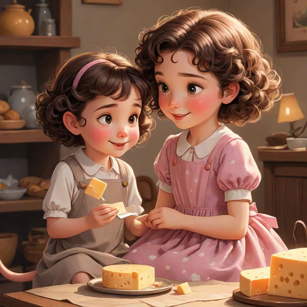 two children sitting at a table eating cake together, with a mouse nearby on the table and a mouse on the table, a storybook illustration, Brothers Hildebrandt, furry art, cgstudio