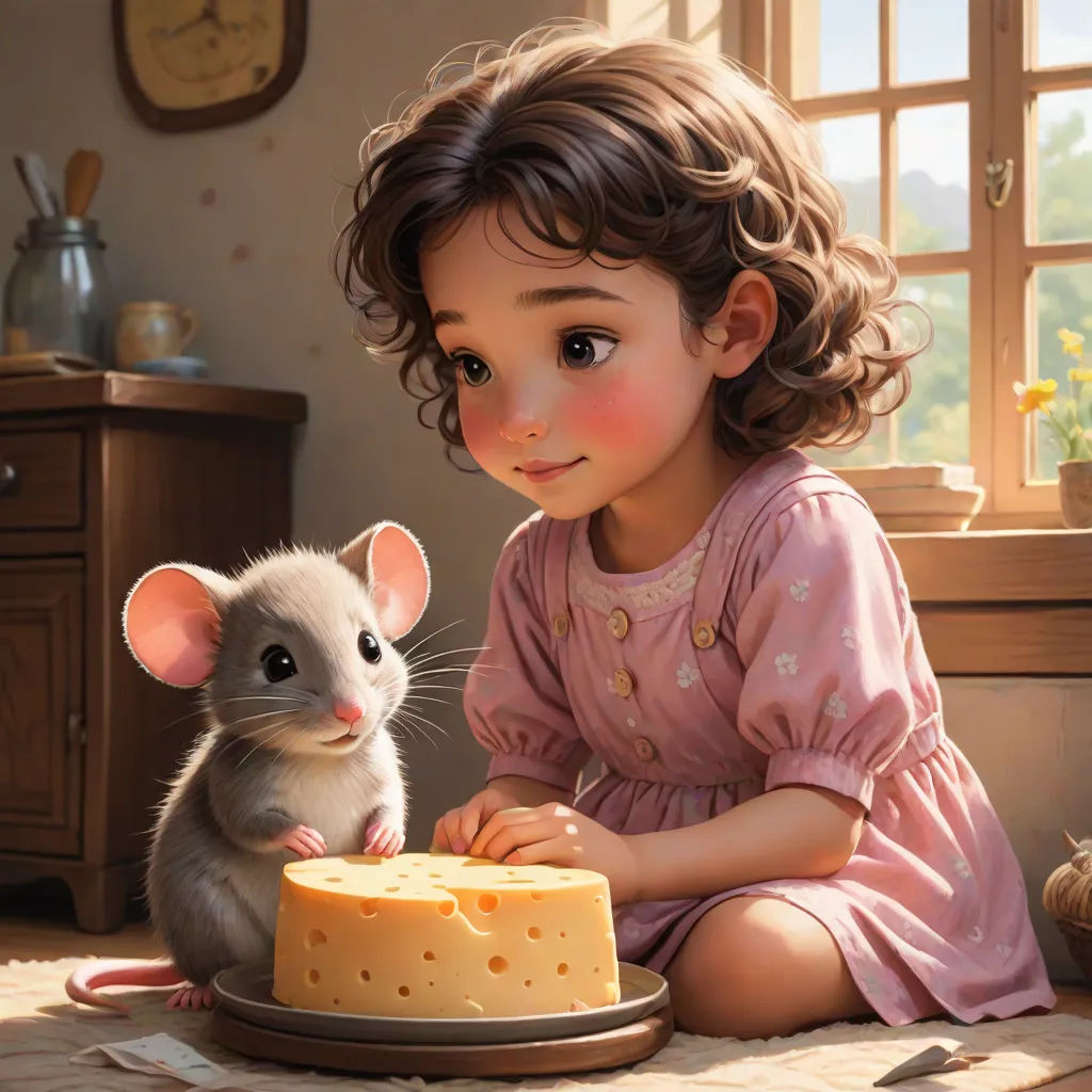 a little girl sitting on the floor next to a mouse and a cake with cheese on it, with a mouse looking at the cake, a storybook illustration, Eddie Mendoza, photorealism, cgstudio