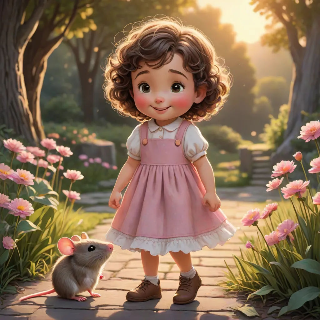 a little girl standing next to a mouse in a garden with flowers and trees in the background, with a sun shining on her, a storybook illustration, Alice Prin, sots art, official art