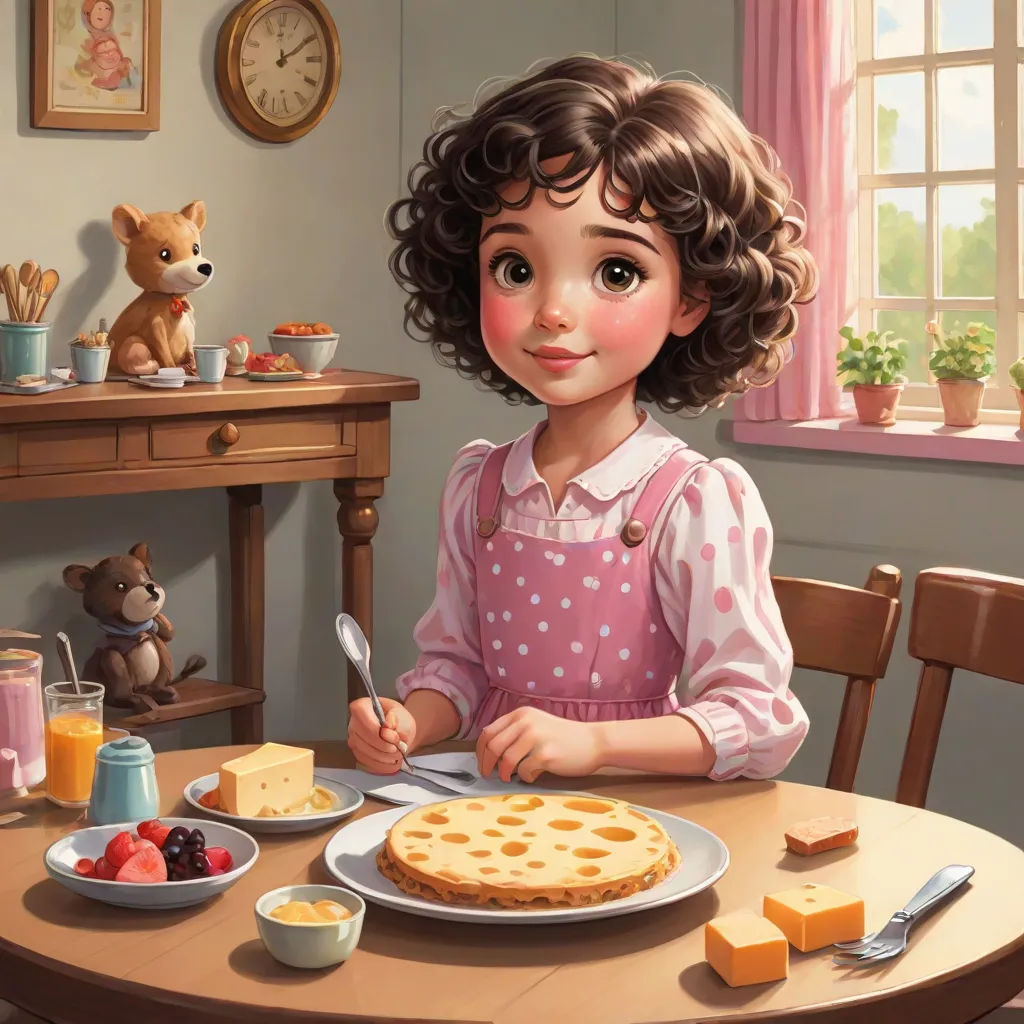 a painting of a girl eating a breakfast at a table with a teddy bear and a teddy bear on the table, a storybook illustration, Bob Byerley, american scene painting, storybook illustration