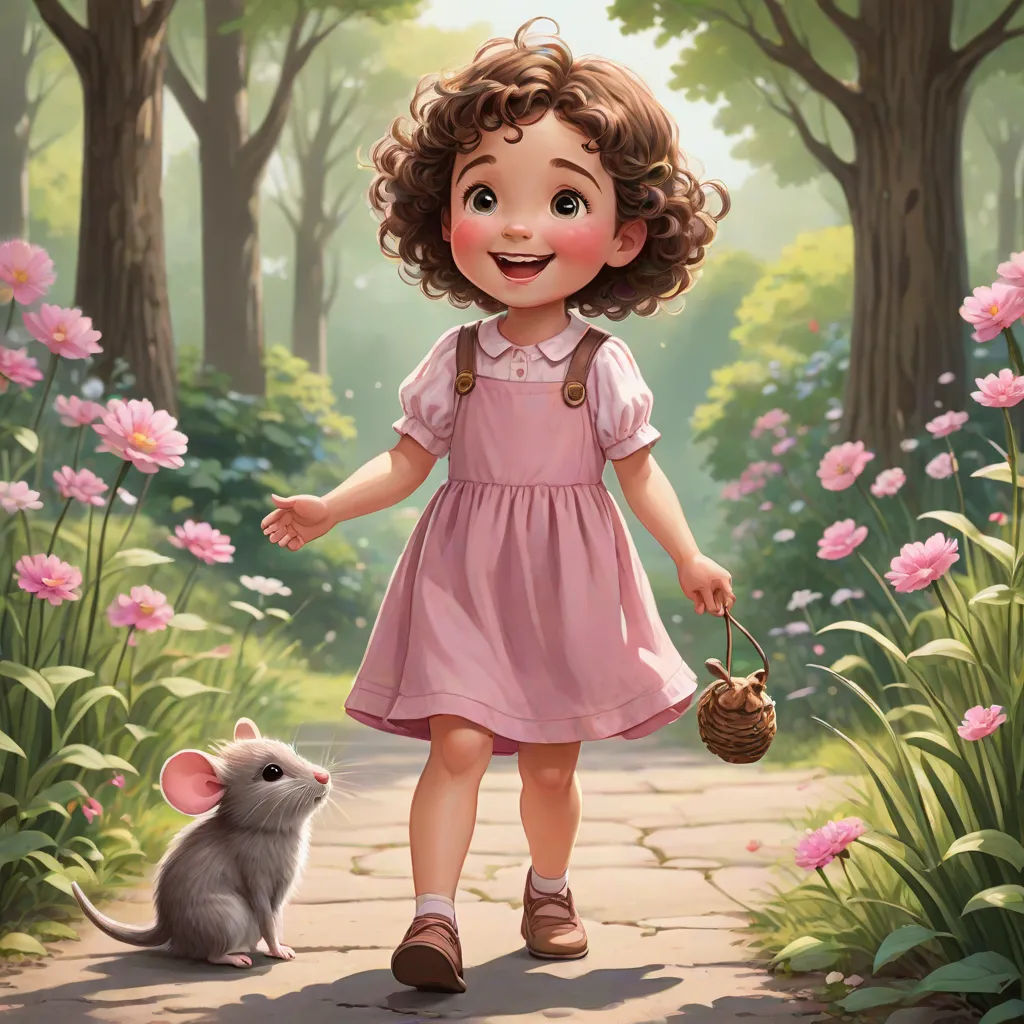 a little girl walking down a path with a rat in her hand and a basket in her hand,, a storybook illustration, Alice Prin, fantasy art, official art