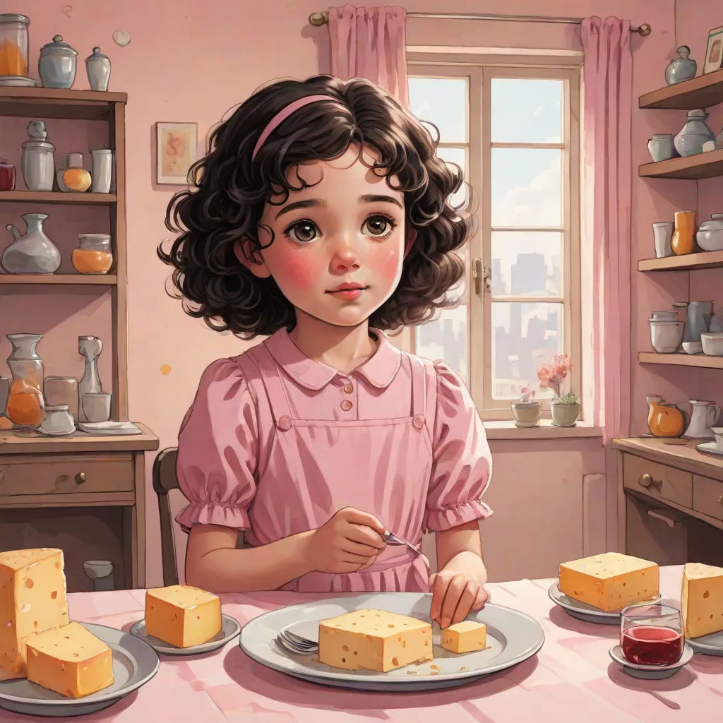 a painting of a girl eating cheese at a table with a plate of cheese on it and a cup of tea, a storybook illustration, Bob Byerley, american scene painting, cgstudio