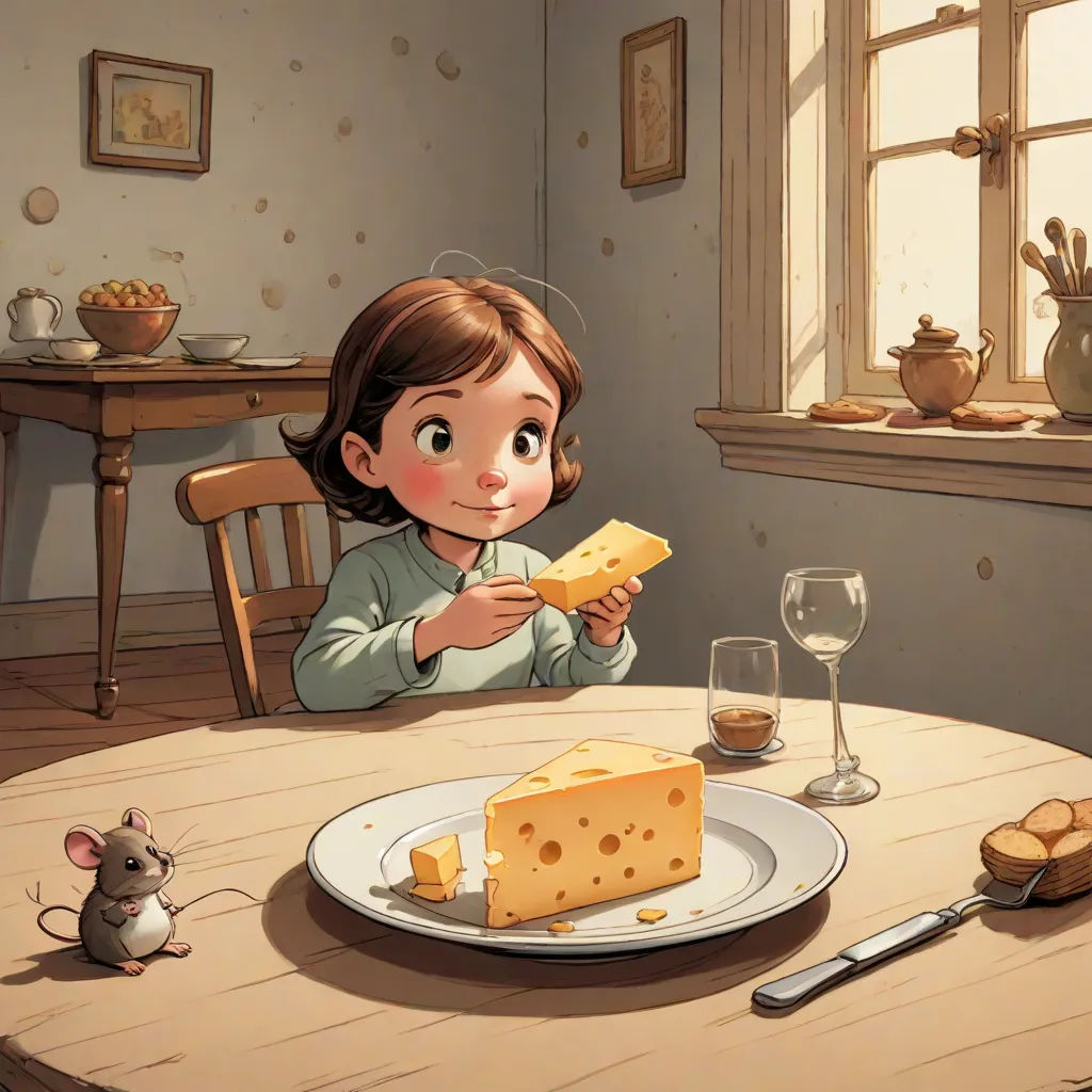 a little girl sitting at a table with a plate of cheese and a mouse looking at it in front of her, a storybook illustration, Alejandro Burdisio, art & language, storybook illustration