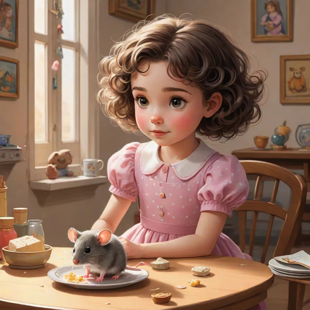 a painting of a girl eating a plate of food with a rat on the table next to her and a teddy bear, a storybook illustration, Alice Prin, photorealism, cgstudio
