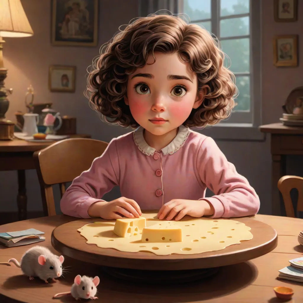 a little girl sitting at a table with a piece of cheese on it and a mouse nearby on the table, a storybook illustration, Alice Prin, sots art, cgstudio