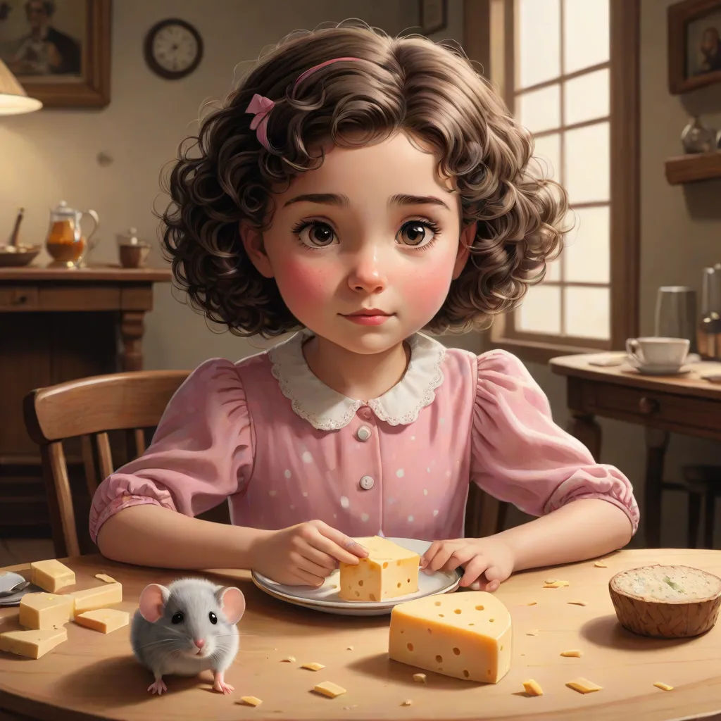 a painting of a girl eating cheese with a mouse sitting at a table in front of her and a plate of cheese, a storybook illustration, Alice Prin, fantastic realism, cgstudio