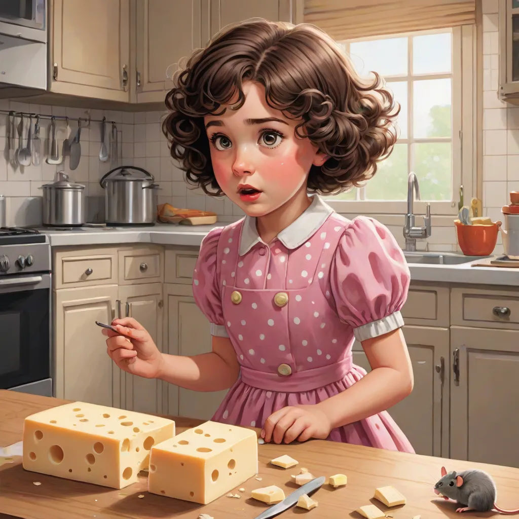 a painting of a girl in a kitchen with cheese on a cutting board and a mouse on the counter, a storybook illustration, Bob Byerley, american scene painting, kinkade