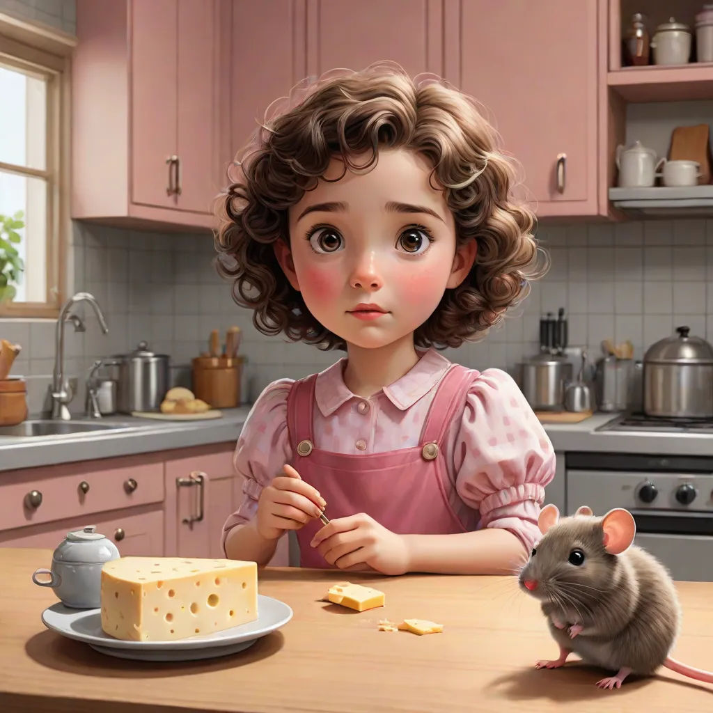 a little girl is eating a piece of cheese with a mouse nearby on a kitchen countertop with a mouse, a storybook illustration, Chris LaBrooy, photorealism, cgstudio