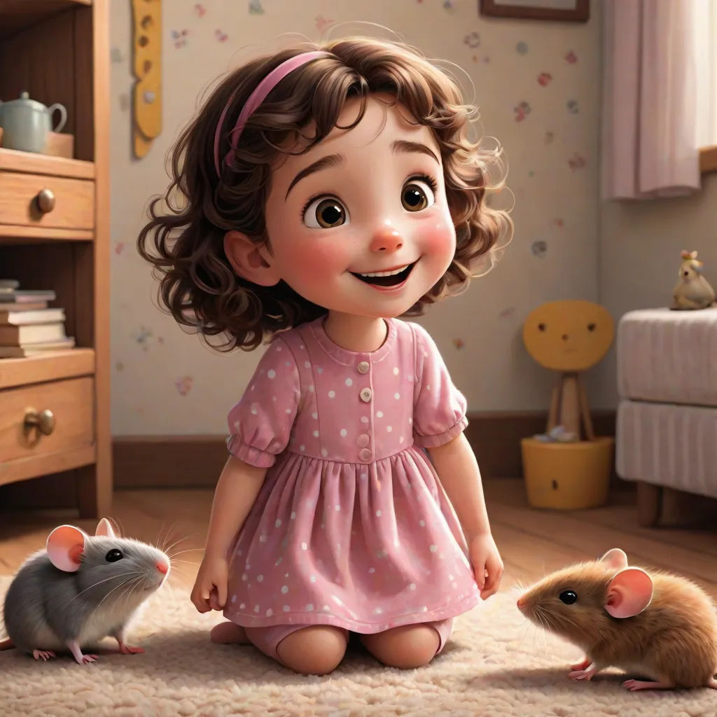 a little girl sitting on the floor next to two small mice in a room with a dresser and a bed, a storybook illustration, disney, photorealism, pixar and disney animation
