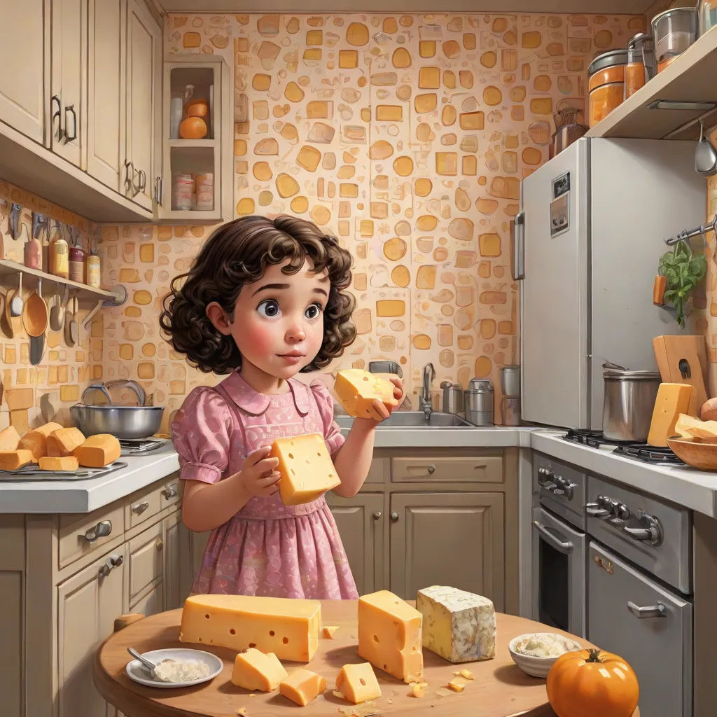 a little girl eating a piece of cheese in a kitchen with a lot of cheese on the table and a lot of cheese on the counter, a storybook illustration, Bob Byerley, photorealism, cgstudio
