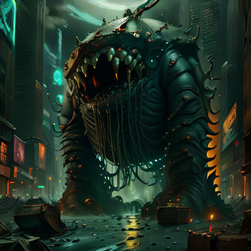 a giant monster with a huge mouth in a city at night time with a neon light on its face