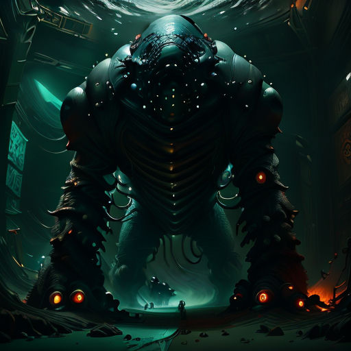 a giant alien creature standing in a dark room with glowing eyes and a glowing body of water in the background