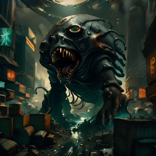 a giant creature with a huge mouth in a city street at night time with a man in the background
