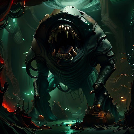 a giant monster with a huge mouth and teeth in a dark cave with a man in the middle of it