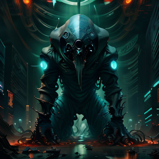 a character in a futuristic city with a large bird on his head and a glowing beak on his head