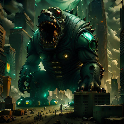 a giant monster with a huge mouth in a city at night time with a huge clock in the background