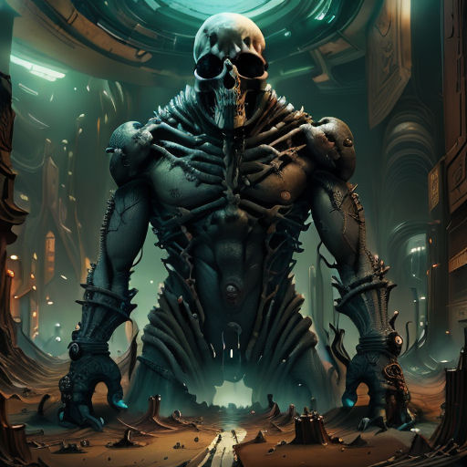 a skeleton in a futuristic city with a huge skull on his chest and arms, standing in front of a giant, circular doorway