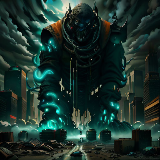 a giant robot standing in a city with a sky background and clouds in the background, with a man in the foreground