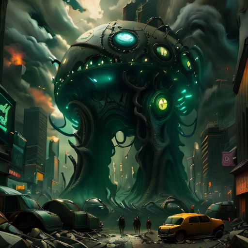 a giant octopus is in the middle of a city street with a car parked in front of it and a man standing in the middle of the street
