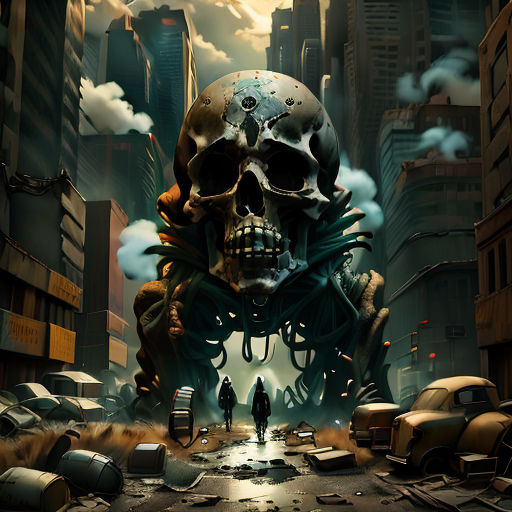 a man walking down a street next to a giant skull in the middle of a city with a giant head